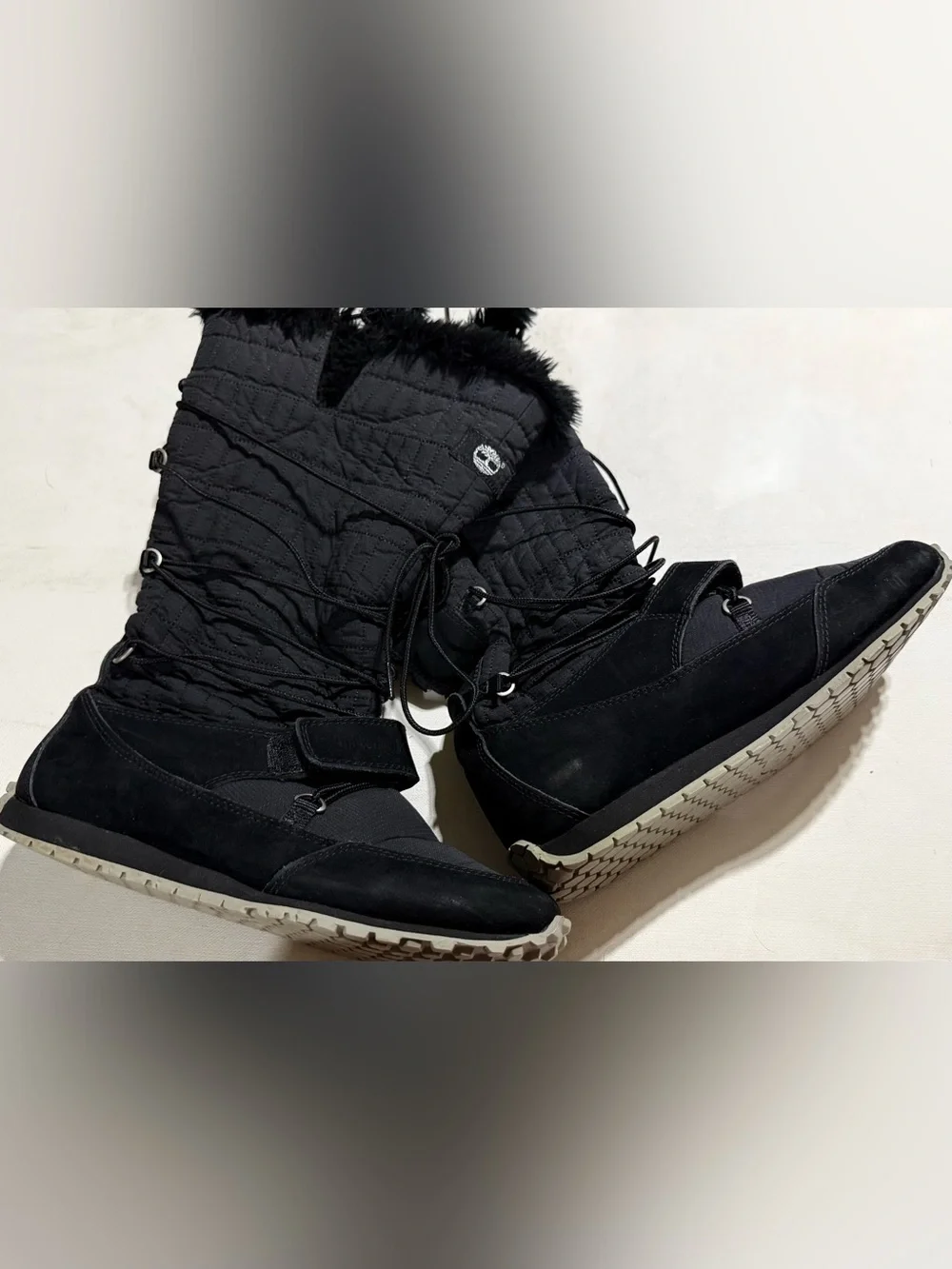 Timberland Black Quilted Lace-Up Winter Boots with Faux Fur Trim